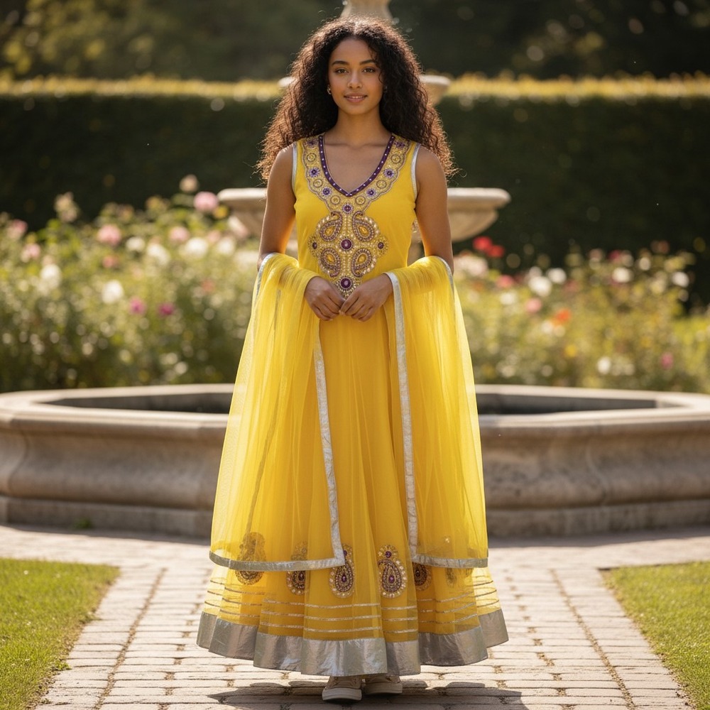 Yellow Anarkali Gown with Paisley Beadwork Purple Velvet Accents and Dupatta